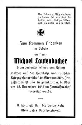 Sterbebildchen Michael Lautenbacher aus Egling, 1945