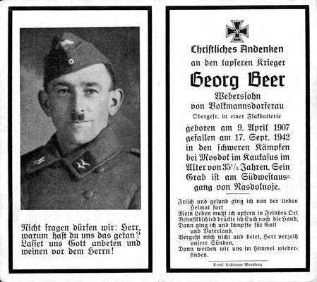 Sterbebildchen Georg Beer, 1942