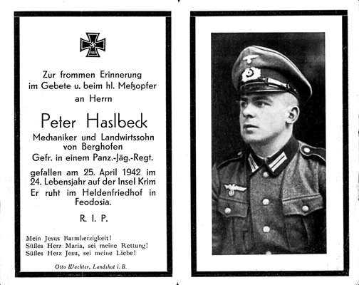 Sterbebildchen Peter Haslbeck, 1942