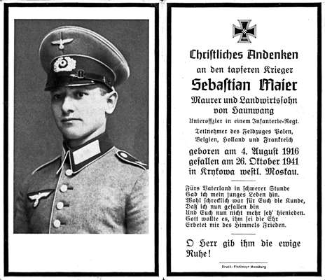 Sterbebildchen Sebastian Maier, 1941