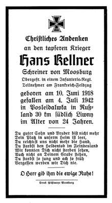 Sterbebildchen Hans Kellner 1942