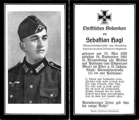 Sterbebildchen Sebastian Hagl 1941