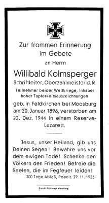 Sterbebildchen Willibald Kolmsperger 1941
