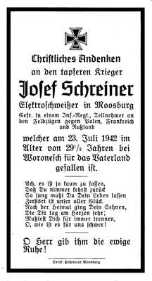 Sterbebildchen Josef Schreiner 1942