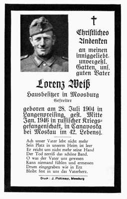 Sterbebildchen Lorenz Wei� 1946