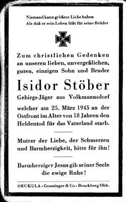 Sterbebildchen Isidor St�ber 1945