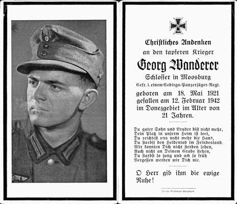 Moosburg Sterbebildchen Georg Wanderer, *18.05.1921. †12.02.1942