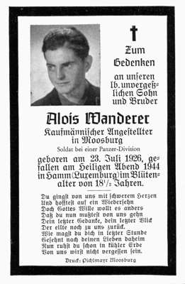 Moosburg Sterbebildchen Alois Wanderer, 1944