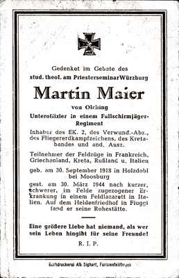 Sterbebildchen Martin Maier, *30.09.1918 †30.03.1944