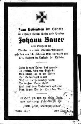 Sterbebildchen Johann Bauer, *1927 †14.02.1945