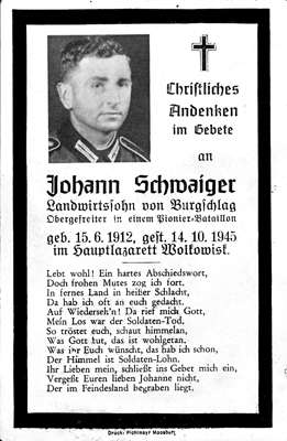 Sterbebildchen Johann Schwaiger, *15.06.1912 †14.10.1945
