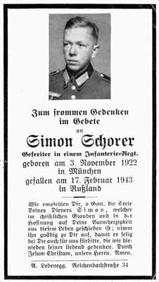 Sterbebildchen Simon Schorer, *03.11.1922 †17.02.1943