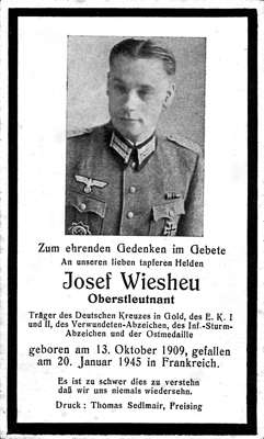 Sterbebildchen Josef Wiesheu, *13.10.1909 †20.01.1945