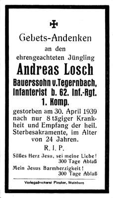 Sterbebildchen Andreas Losch, *1915 †30.04.1939