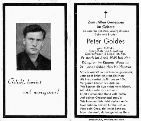 Sterbebildchen Peter Goldes, *1921 †April 1945