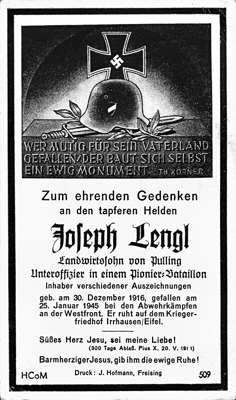 Sterbebildchen Joseph Lengl, *30.12.1916 †25.01.1945