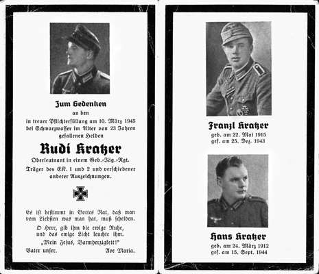 Sterbebildchen Rudi, Franzl und Hans Kratzer †1945 †1943 †1944