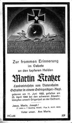 Sterbebildchen Martin Kratzer *11.06.1922 †25.04.1944