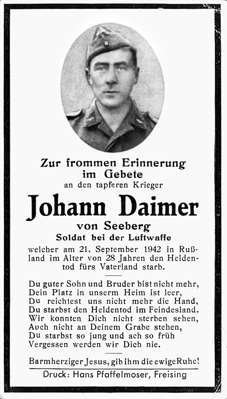 Sterbebildchen Johann Daimer *1914 †21.09.1942