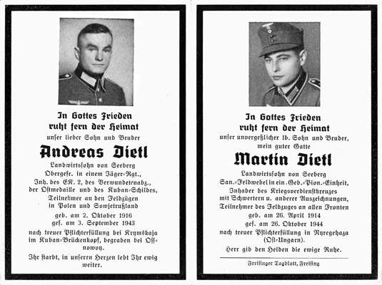 Sterbebildchen Andreas und Martin Dietl †1943, †1944