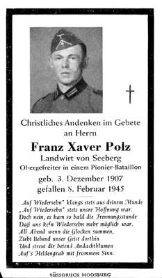 Sterbebildchen Franz Xaver Polz *03.12.1907 †08.02.1945