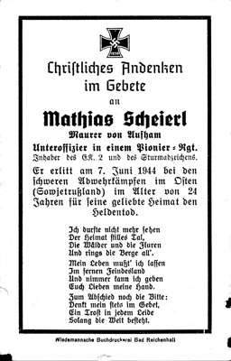 Sterbebildchen Mathias Scheierl *1920 †07.06.1944