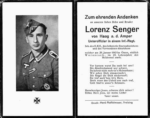 Sterbebildchen Lorenz Senger *1920 †29.01.1943