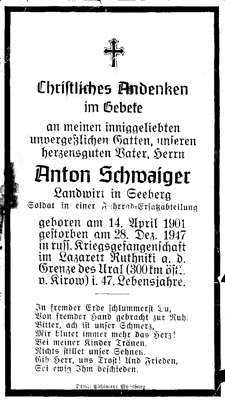 Sterbebildchen Anton Schwaiger *14.04.1901 †28.12.1947