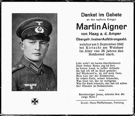 Sterbebildchen Martin Aigner *1914 †03.09.1942