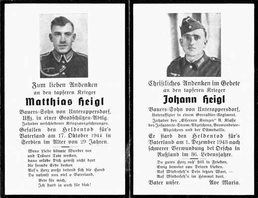 Sterbebildchen Matthias und Johann Heigl *1915 †1944 und *1907 †1943