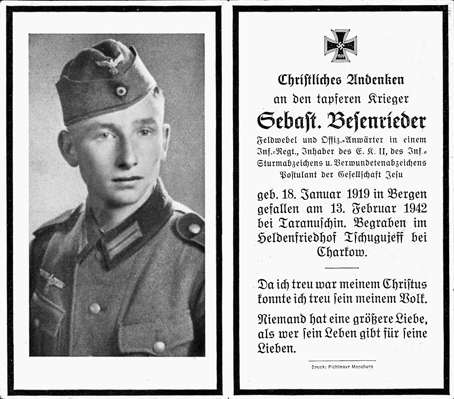 Sterbebildchen Sebastian Besenrieder *18.01.1919 †13.02.1942