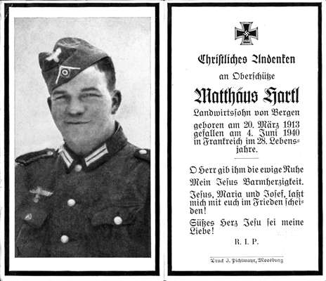 Sterbebildchen Matth�us Hartl *20.03.1913 †04.06.1940