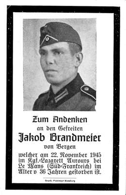 Sterbebildchen Jakob Brandmeier *1909 †22.11.1945