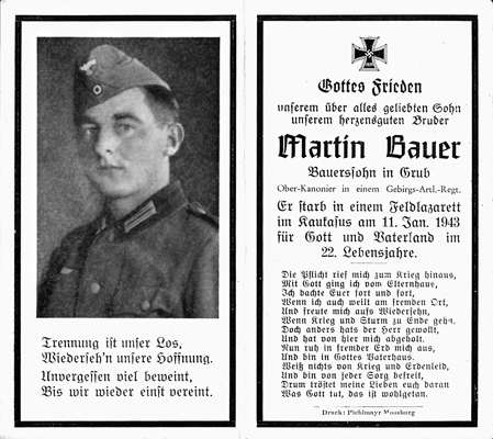 Sterbebildchen Martin Bauer *1921 †11.01.1943