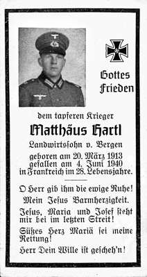 Sterbebildchen Matth�us Hartl *20.03.1913 †04.06.1940