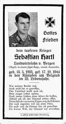 Sterbebildchen Sebastian Hartl *13.05.1923 †17.10.1944