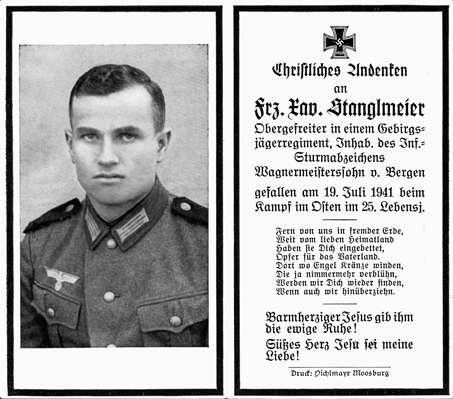 Sterbebildchen Franz Xaver Stanglmeier *1916 †19.07.1941