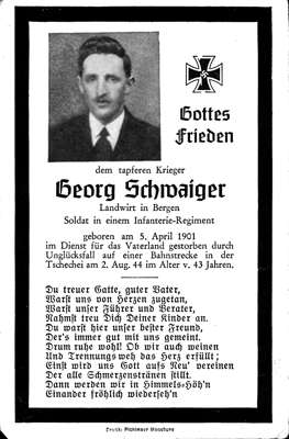 Sterbebildchen Georg Schwaiger *05.04.1901 †02.08.1944