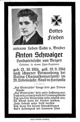Sterbebildchen Anton Schwaiger *21.10.1924 †19.09.1944