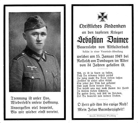 Sterbebildchen Sebastian Daimer *1909 †15.01.1943