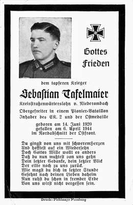 Sterbebildchen Sebastian Tafelmaier *14.06.1920 †06.04.1944
