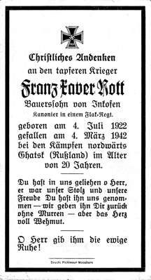 Sterbebildchen Franz Xaver Rott *04.07.1922 †04.03.1942
