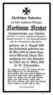 Sterbebildchen Korbinian Kratzer *09.08.1909 †29.05.1942