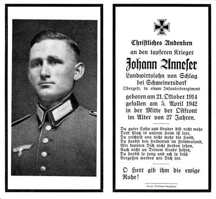 Sterbebildchen Johann Anneser *21.10.1914 †05.04.1942