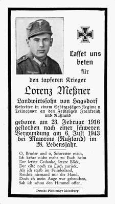 Sterbebildchen Lorenz Me�ner *23.02.1916 †06.07.1943