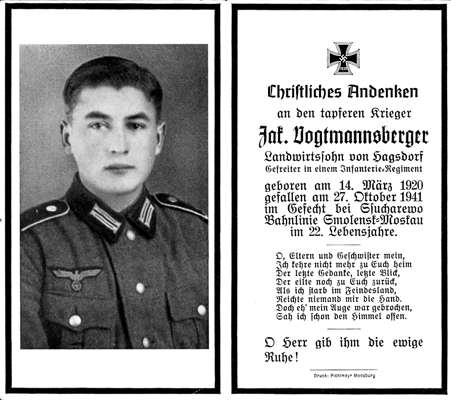 Sterbebildchen Jakob Vogtmannsberger *14.03.1920 †27.10.1941