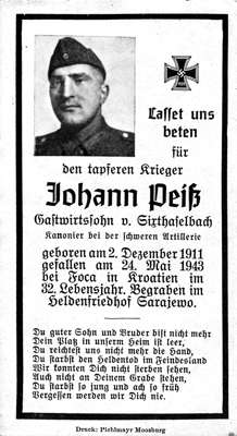Sterbebildchen Johann Pei� *02.12.1911 †24.05.1943