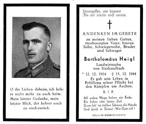 Sterbebildchen Bartholom�us Heigl *12.12.1914 †15.12.1944