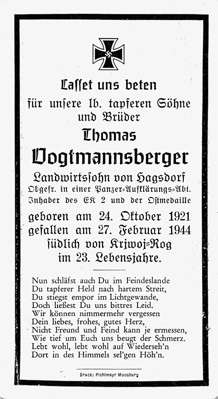 Sterbebildchen Thomas Vogtmannsberger *24.10.1921 †27.02.1944