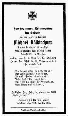 Sterbebildchen Michael Adlkirchner *1927 †09.01.1945